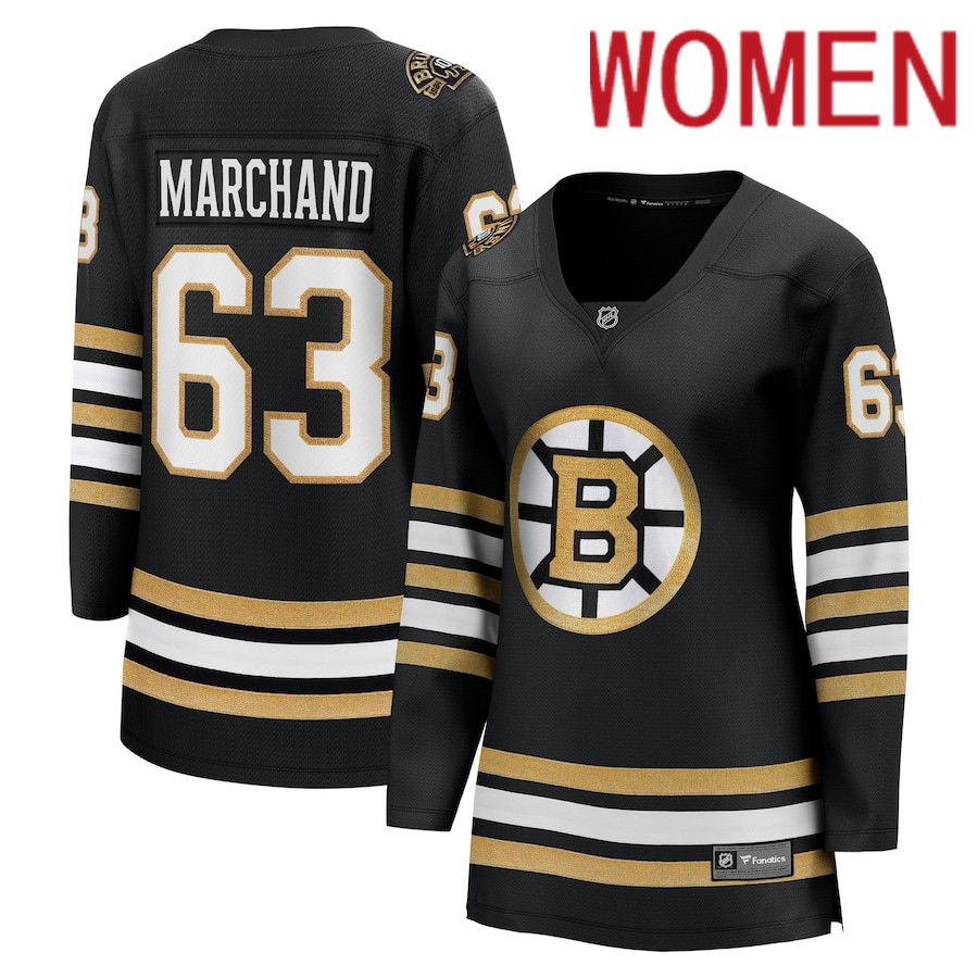 Women Boston Bruins #63 Brad Marchand Fanatics Branded Black 100th Anniversary Premier Breakaway Player NHL Jersey->youth nhl jersey->Youth Jersey